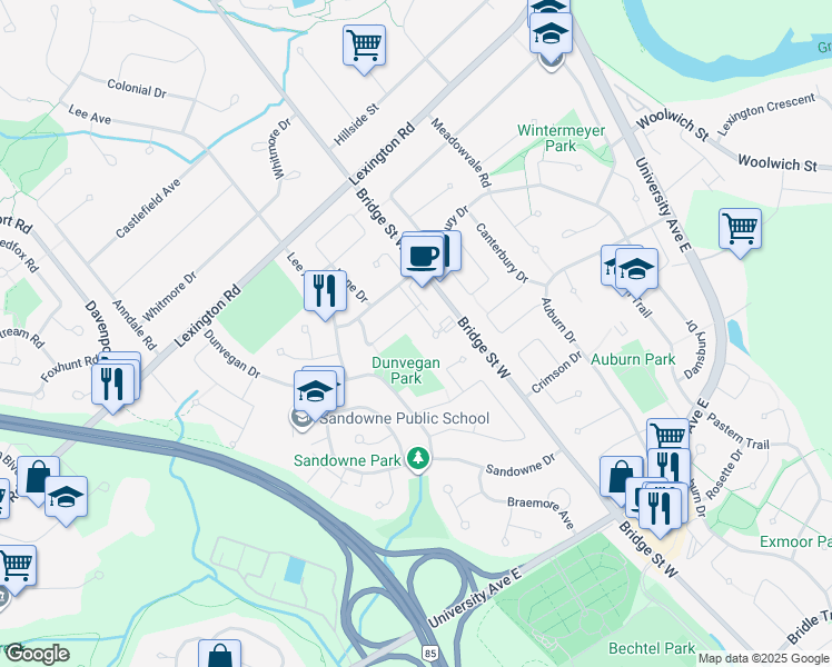 map of restaurants, bars, coffee shops, grocery stores, and more near 275 Eiwo Court in Waterloo