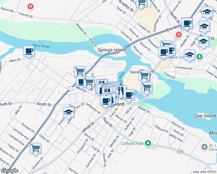 map of restaurants, bars, coffee shops, grocery stores, and more near 44 Laconia Street in Biddeford