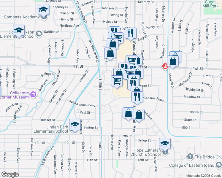 map of restaurants, bars, coffee shops, grocery stores, and more near 1605 John Adams Parkway in Idaho Falls