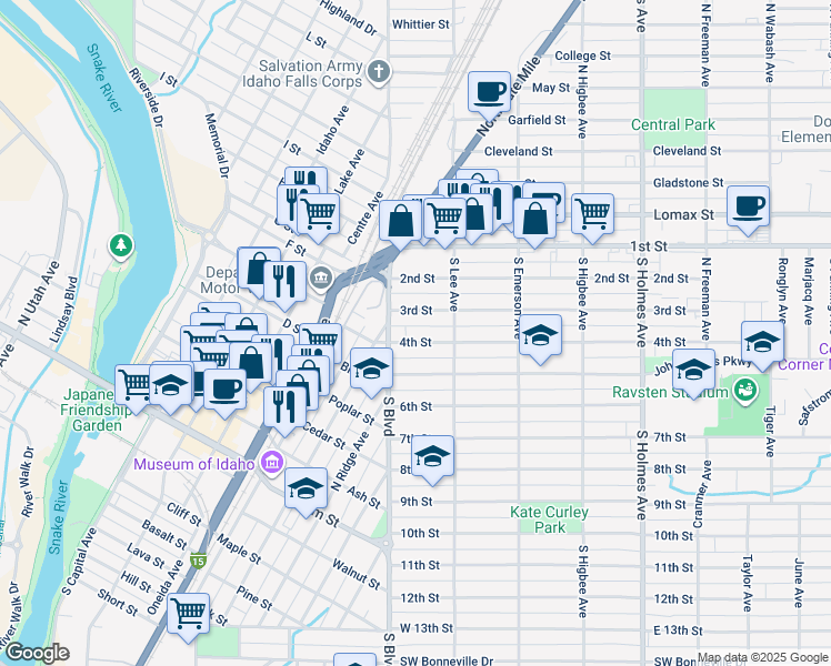map of restaurants, bars, coffee shops, grocery stores, and more near 152 4th Street in Idaho Falls