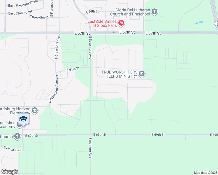 map of restaurants, bars, coffee shops, grocery stores, and more near South Woodlily Avenue in Sioux Falls