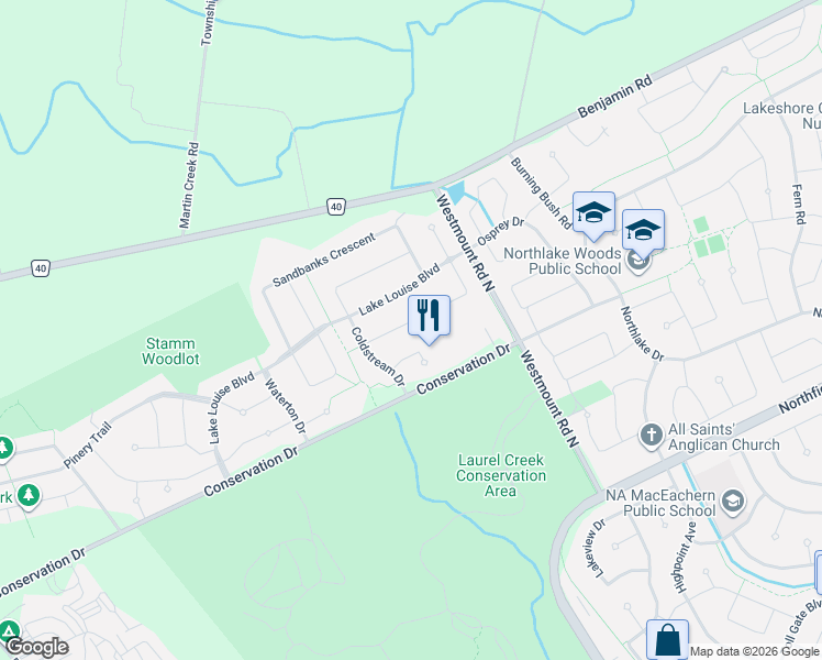 map of restaurants, bars, coffee shops, grocery stores, and more near 632 Inglis Falls Place in Waterloo