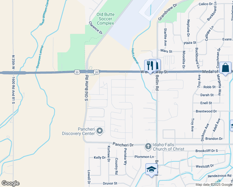 map of restaurants, bars, coffee shops, grocery stores, and more near 2886 Linda Street in Idaho Falls