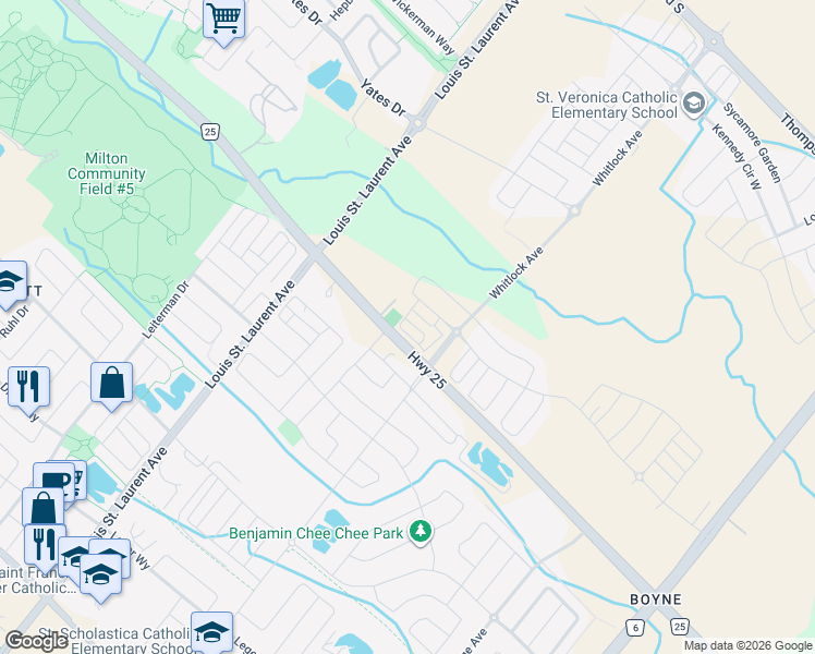 map of restaurants, bars, coffee shops, grocery stores, and more near 1222 Rose Way in Milton