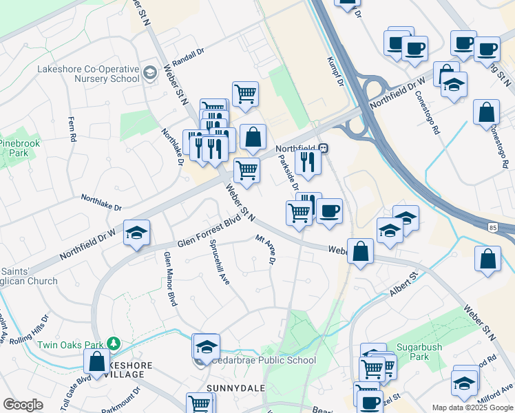 map of restaurants, bars, coffee shops, grocery stores, and more near 554 Weber Street North in Waterloo