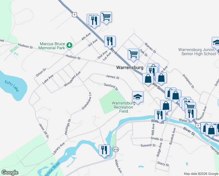 map of restaurants, bars, coffee shops, grocery stores, and more near 3797 Main Street in Warrensburg