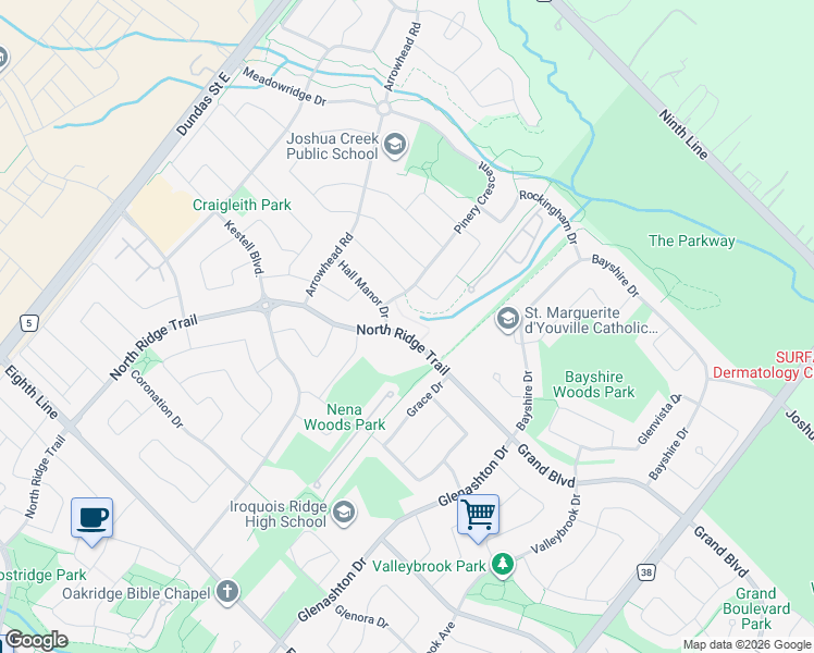 map of restaurants, bars, coffee shops, grocery stores, and more near 2291 North Ridge Trail in Oakville