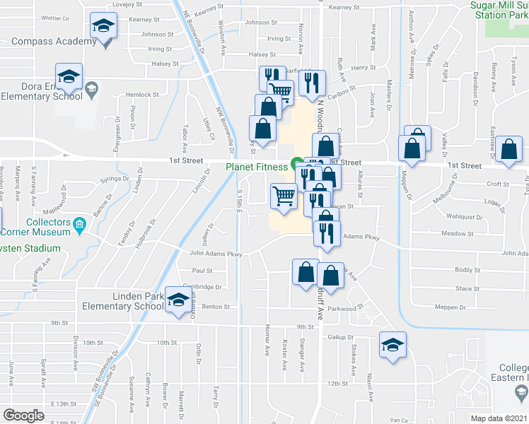 map of restaurants, bars, coffee shops, grocery stores, and more near 1575 Bull Pen Way in Idaho Falls