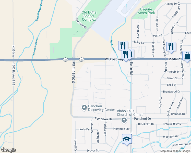 map of restaurants, bars, coffee shops, grocery stores, and more near 2900 Linda Street in Idaho Falls