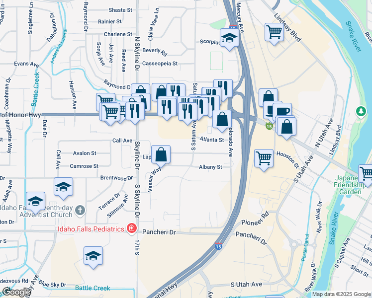 map of restaurants, bars, coffee shops, grocery stores, and more near 396 South Saturn Avenue in Idaho Falls