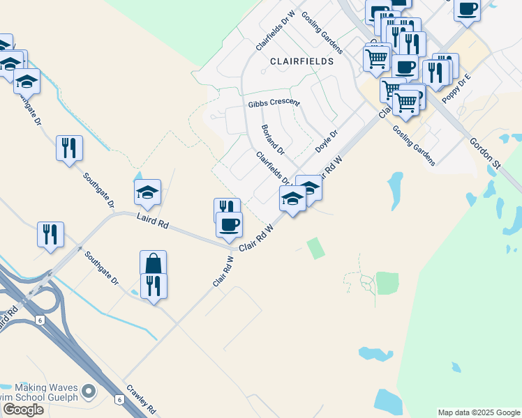 map of restaurants, bars, coffee shops, grocery stores, and more near 195 Clair Road West in Guelph