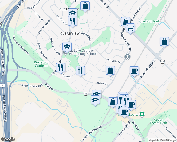 map of restaurants, bars, coffee shops, grocery stores, and more near 2384 Springfield Crescent in Oakville