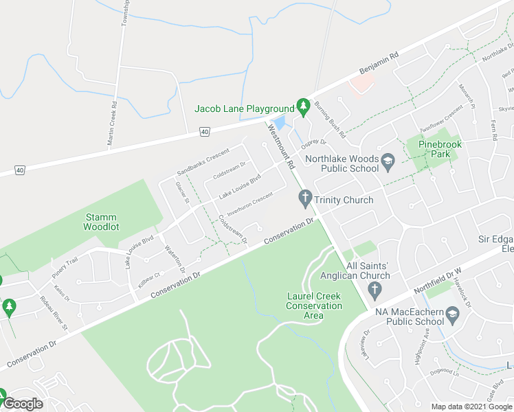 map of restaurants, bars, coffee shops, grocery stores, and more near 224 Inverhuron Crescent in Waterloo