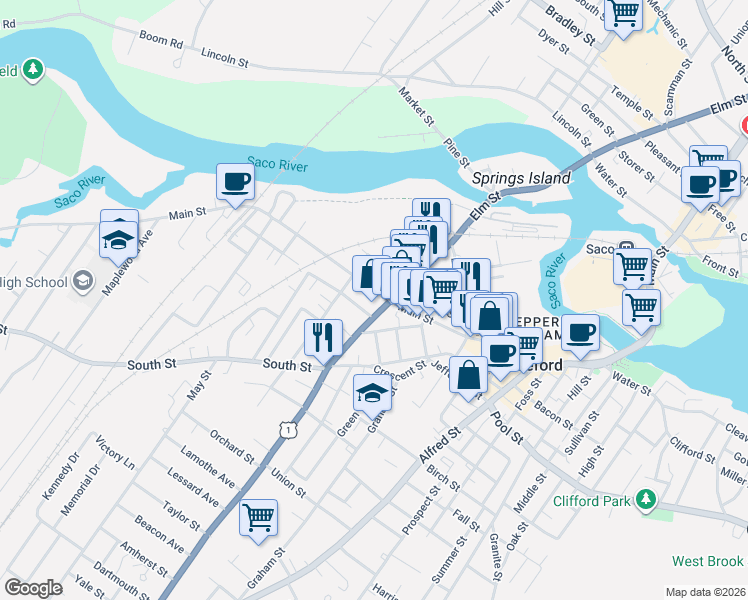 map of restaurants, bars, coffee shops, grocery stores, and more near 167 Elm Street in Biddeford