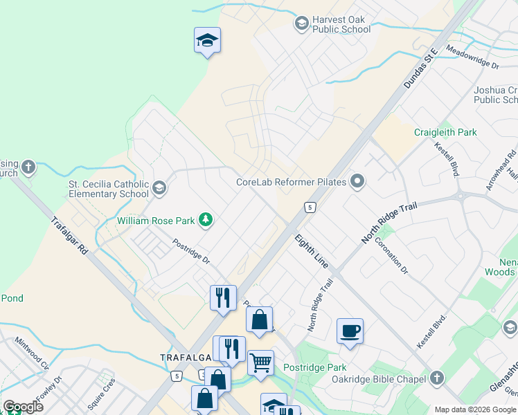 map of restaurants, bars, coffee shops, grocery stores, and more near 495 George Ryan Avenue in Oakville