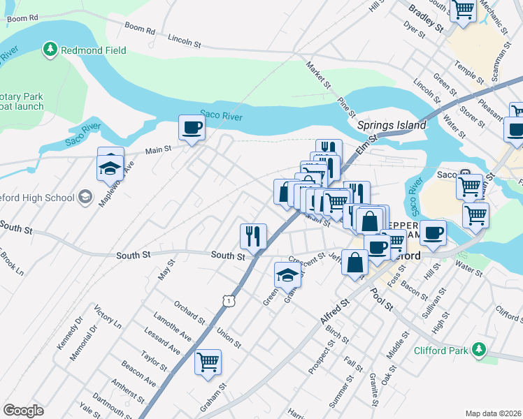 map of restaurants, bars, coffee shops, grocery stores, and more near 22 Bradbury Street in Biddeford