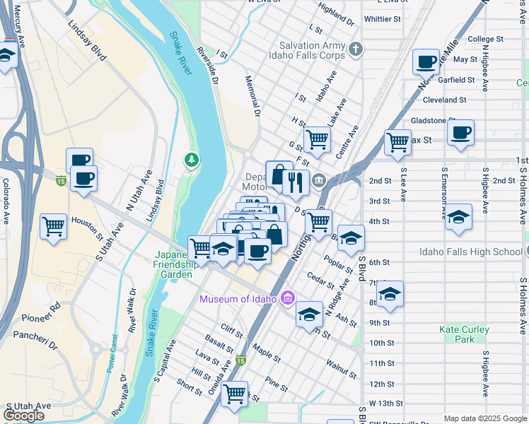 map of restaurants, bars, coffee shops, grocery stores, and more near 552 Park Avenue in Idaho Falls