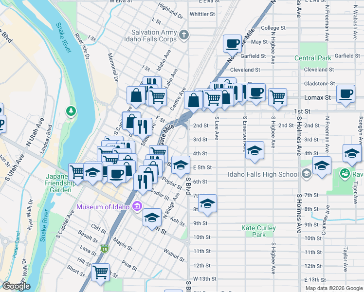 map of restaurants, bars, coffee shops, grocery stores, and more near 415 South Boulevard in Idaho Falls