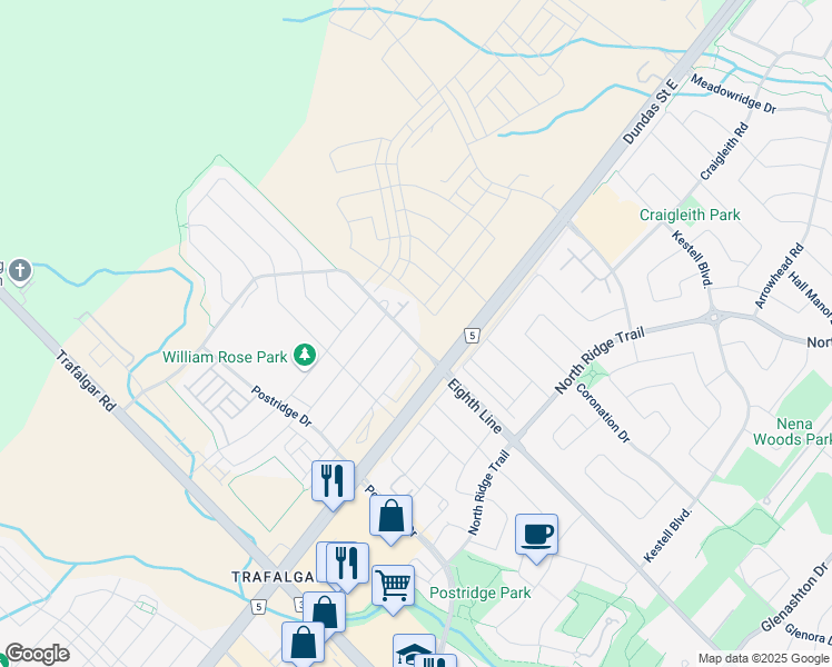 map of restaurants, bars, coffee shops, grocery stores, and more near in Oakville