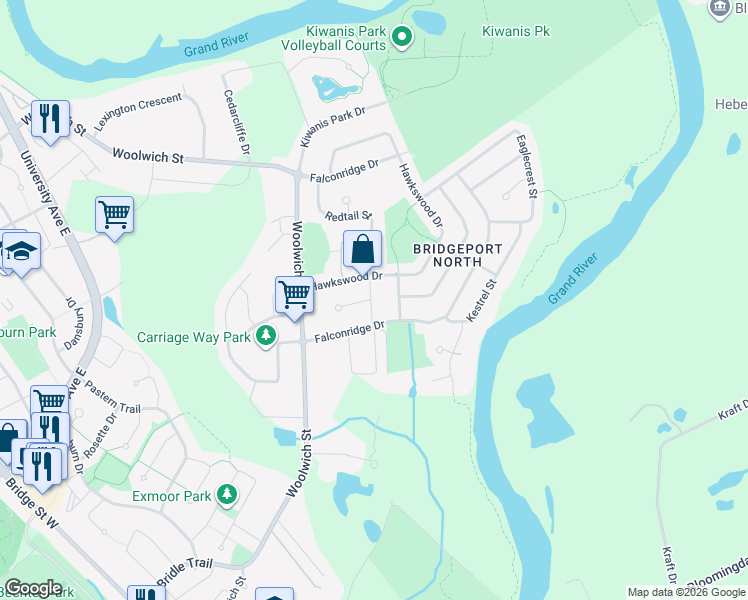 map of restaurants, bars, coffee shops, grocery stores, and more near 176 Redtail Street in Kitchener
