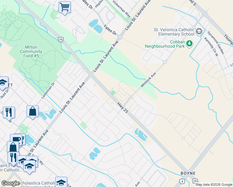 map of restaurants, bars, coffee shops, grocery stores, and more near 1222 Rose Way in Milton