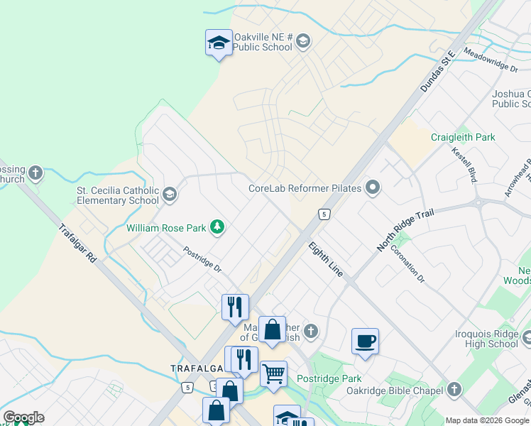 map of restaurants, bars, coffee shops, grocery stores, and more near 492 Grindstone Trail in Oakville
