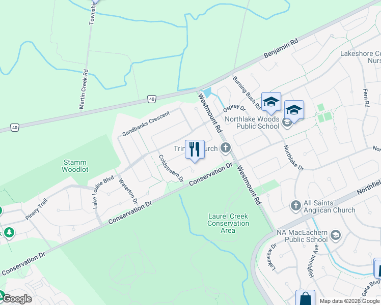 map of restaurants, bars, coffee shops, grocery stores, and more near 632 Inglis Falls Place in Waterloo