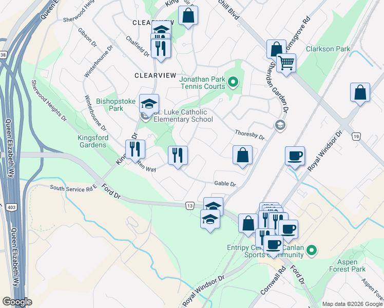 map of restaurants, bars, coffee shops, grocery stores, and more near 2319 Springfield Crescent in Oakville