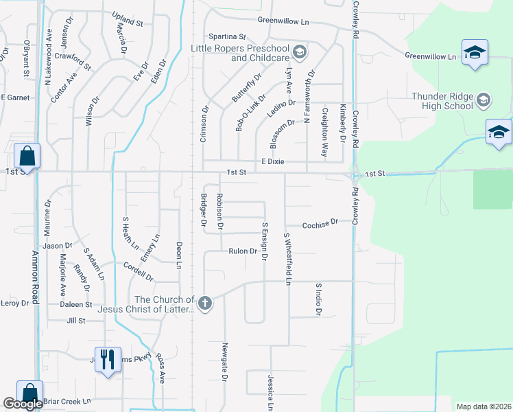 map of restaurants, bars, coffee shops, grocery stores, and more near 157 Robison Drive in Ammon