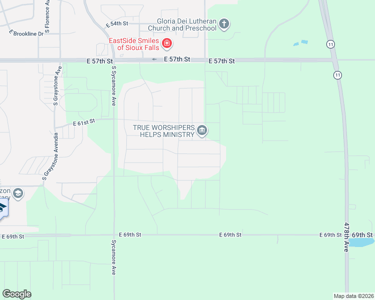 map of restaurants, bars, coffee shops, grocery stores, and more near 5200 East 61st Street in Sioux Falls