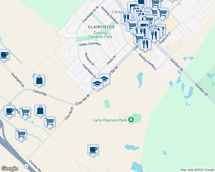 map of restaurants, bars, coffee shops, grocery stores, and more near Poppy Drive in Guelph