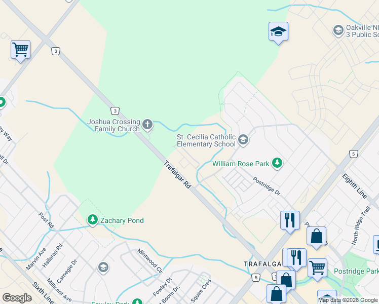 map of restaurants, bars, coffee shops, grocery stores, and more near 3305 Mockingbird Common in Oakville