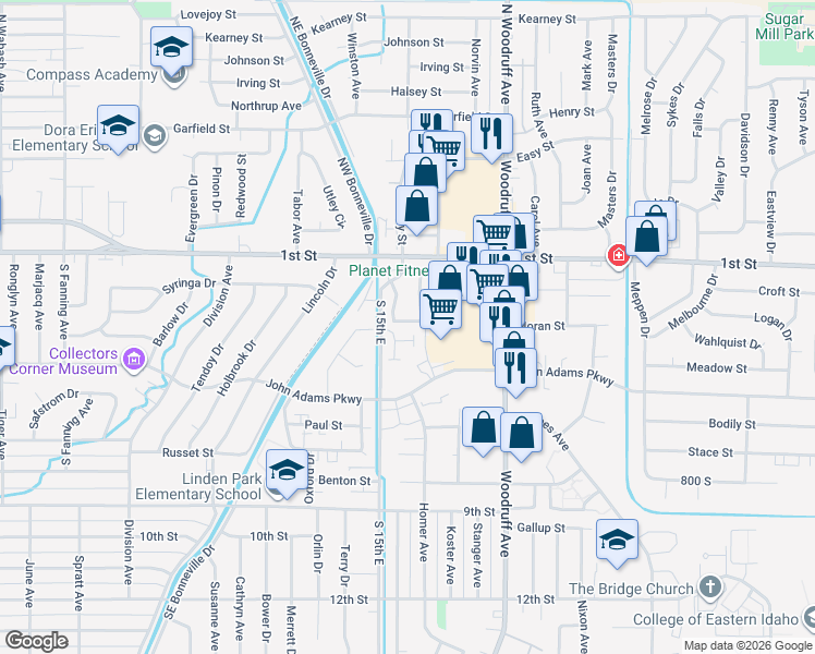 map of restaurants, bars, coffee shops, grocery stores, and more near 157 Clubhouse Circle in Idaho Falls