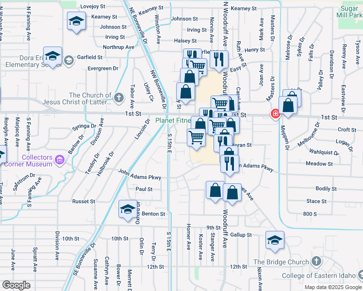 map of restaurants, bars, coffee shops, grocery stores, and more near 157 Clubhouse Circle in Idaho Falls