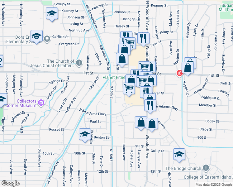 map of restaurants, bars, coffee shops, grocery stores, and more near 157 Clubhouse Circle in Idaho Falls