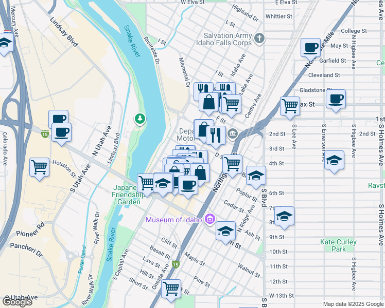 map of restaurants, bars, coffee shops, grocery stores, and more near 483 D Street in Idaho Falls
