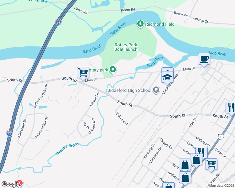 map of restaurants, bars, coffee shops, grocery stores, and more near 17 Brook Street in Biddeford
