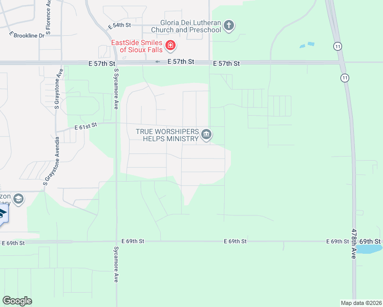 map of restaurants, bars, coffee shops, grocery stores, and more near 5200 East 61st Street in Sioux Falls