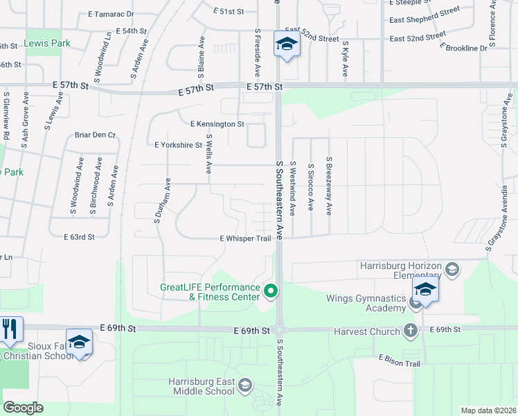 map of restaurants, bars, coffee shops, grocery stores, and more near 2921 East Tranquility Place in Sioux Falls