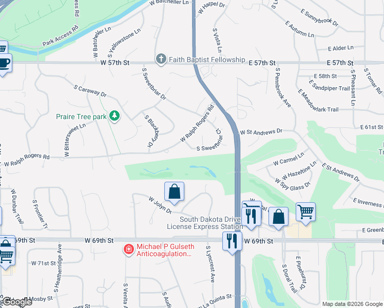 map of restaurants, bars, coffee shops, grocery stores, and more near 5270-5298 South Sweetbriar Court in Sioux Falls