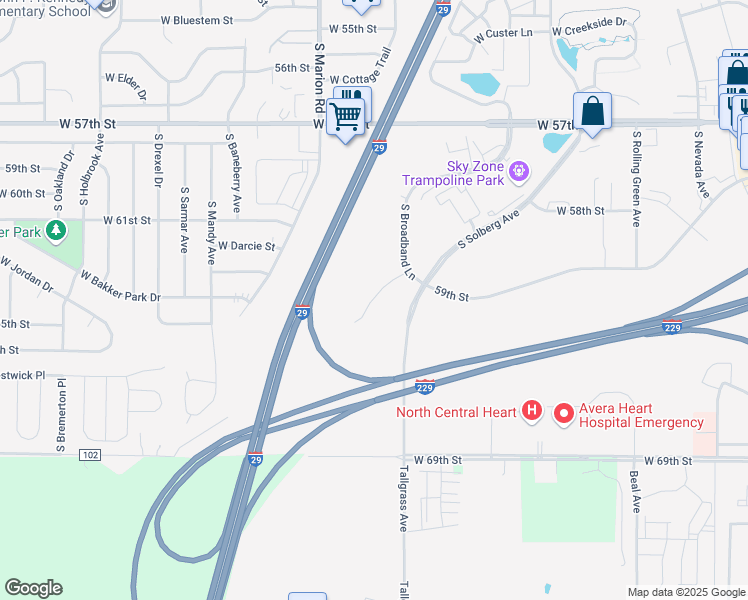 map of restaurants, bars, coffee shops, grocery stores, and more near 5701 South Corporate Place in Sioux Falls