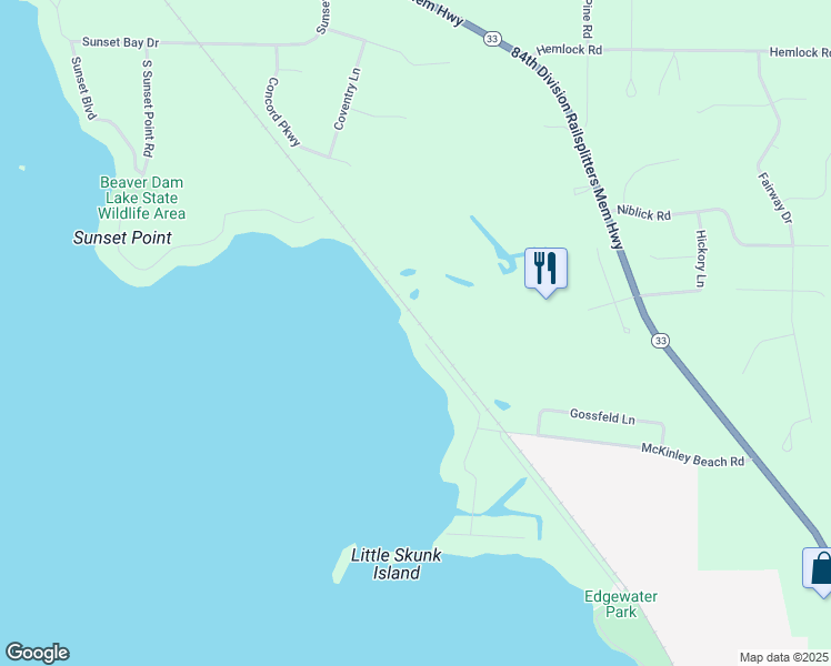 map of restaurants, bars, coffee shops, grocery stores, and more near N8283 North McKinley Beach Road in Beaver Dam