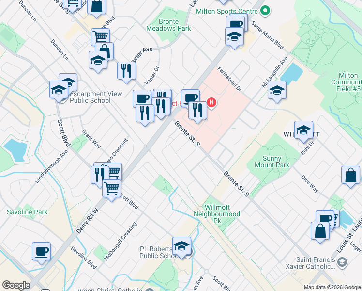 map of restaurants, bars, coffee shops, grocery stores, and more near 15 Munch Place in Milton