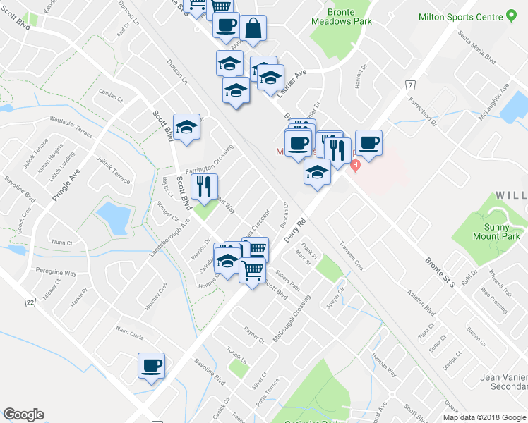 map of restaurants, bars, coffee shops, grocery stores, and more near 137 Holmes Crescent in Milton