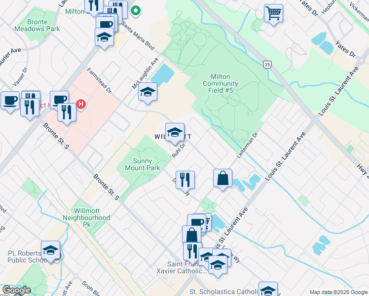 map of restaurants, bars, coffee shops, grocery stores, and more near in Milton