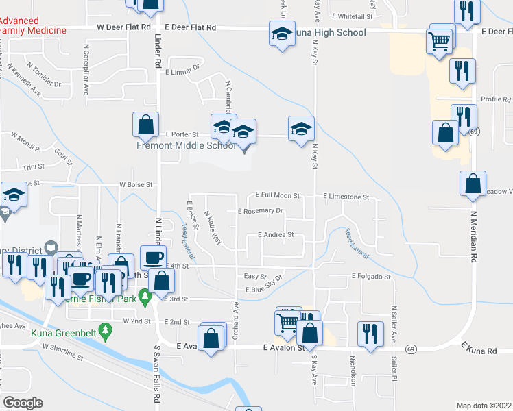map of restaurants, bars, coffee shops, grocery stores, and more near 528 East Rosemary Drive in Kuna