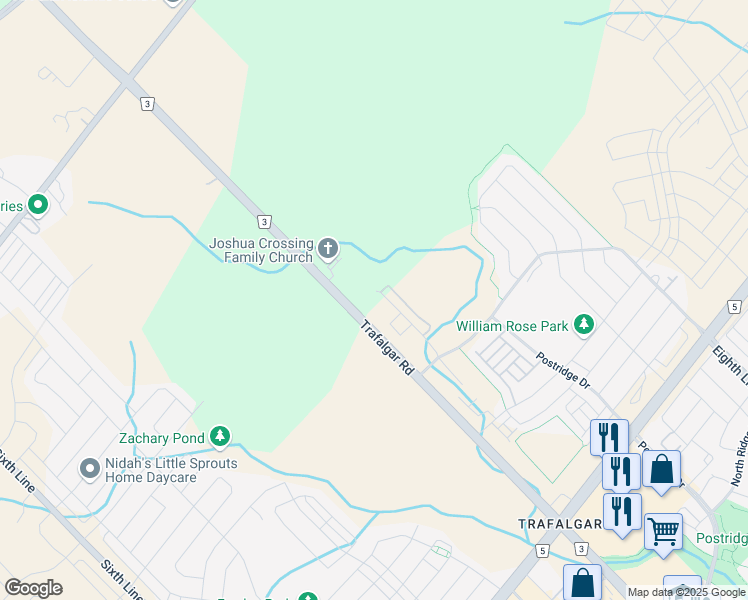map of restaurants, bars, coffee shops, grocery stores, and more near 3240 William Coltson Avenue in Oakville