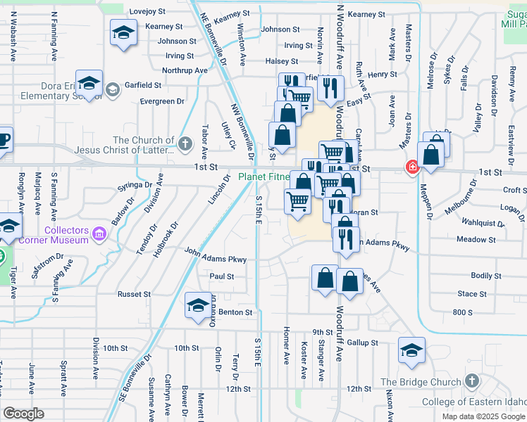 map of restaurants, bars, coffee shops, grocery stores, and more near 157 Clubhouse Circle in Idaho Falls