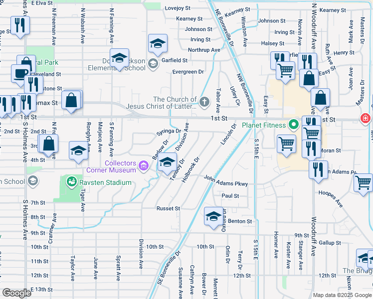 map of restaurants, bars, coffee shops, grocery stores, and more near 270 Tendoy Dr in Idaho Falls