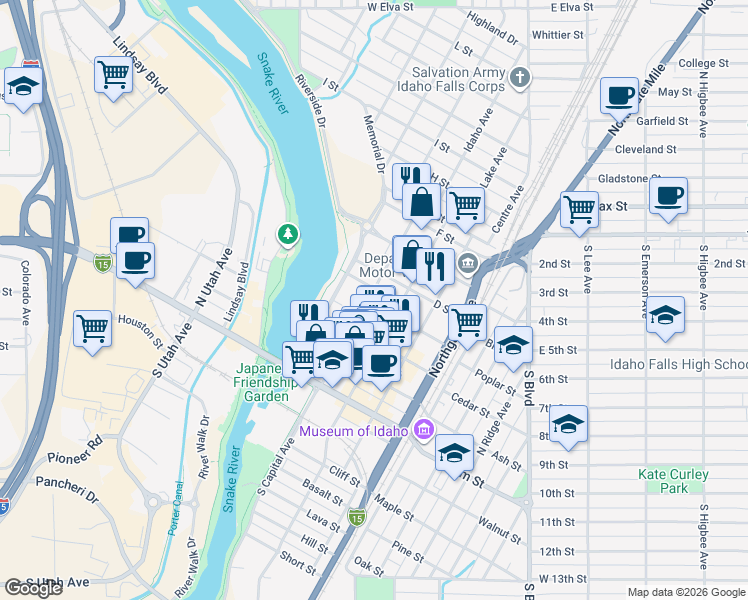 map of restaurants, bars, coffee shops, grocery stores, and more near 577 D Street in Idaho Falls